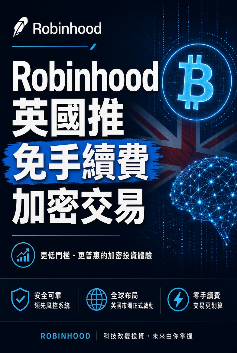 加密貨幣投資門檻再降！Robinhood 正式喺英國推出免手續費加密交易服務，超過50種幣包括BTC、ETH、XRP都可喺同一個App買賣，仲有AI驅動嘅Cortex Digests分析新聞同市場數據，用白話解釋價格波動原因。