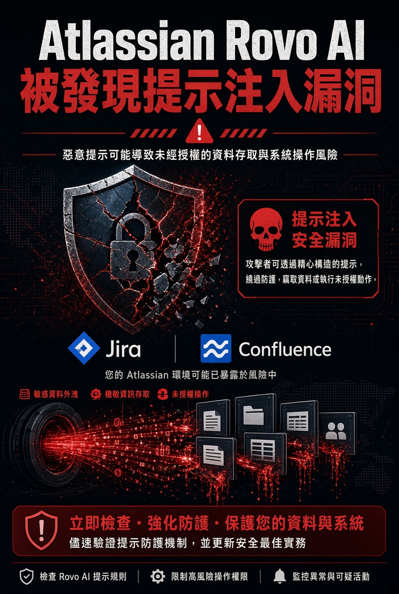 企業注意！Atlassian 嘅AI助手Rovo被發現嚴重提示注入漏洞，攻擊者只需一個惡意連結或隱藏文字，就可以令Rovo喺用戶已登入狀態下，自動抽取Jira、Confluence甚至SharePoint嘅敏感資料並外傳。
