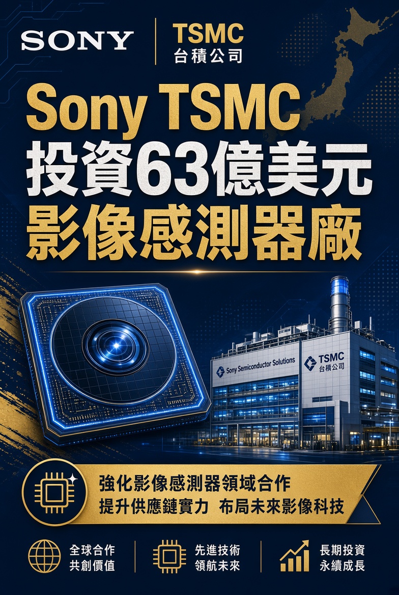 半導體巨頭聯手！Sony同TSMC計劃投資約63億美元，喺日本熊本共建下一代影像感測器工廠，目標2029年量產。