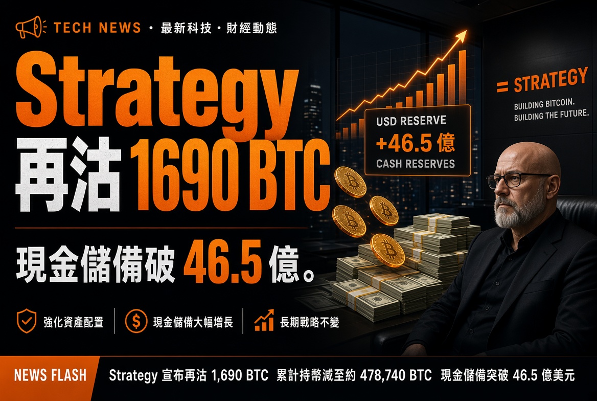 【重磅】Strategy 再沽 1,690 枚 BTC！現金儲備飆至 46.5 億美元