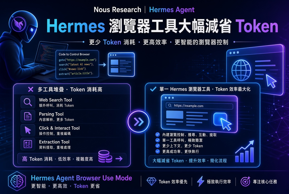 Nous Research Hermes Agent 推出 Browser Use 模式：瀏覽器工具 Token 消耗減少 48–66%