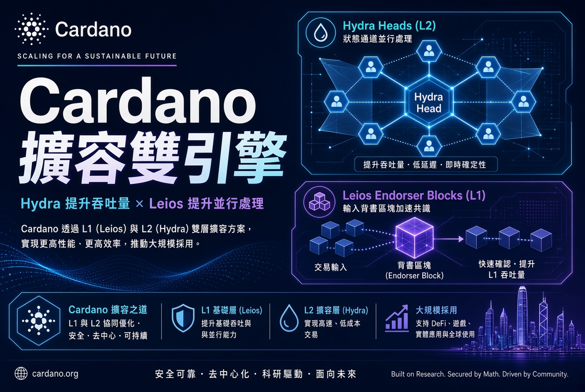 Cardano 擴容雙引擎：Hydra（L2）與 Leios（L1）如何互補