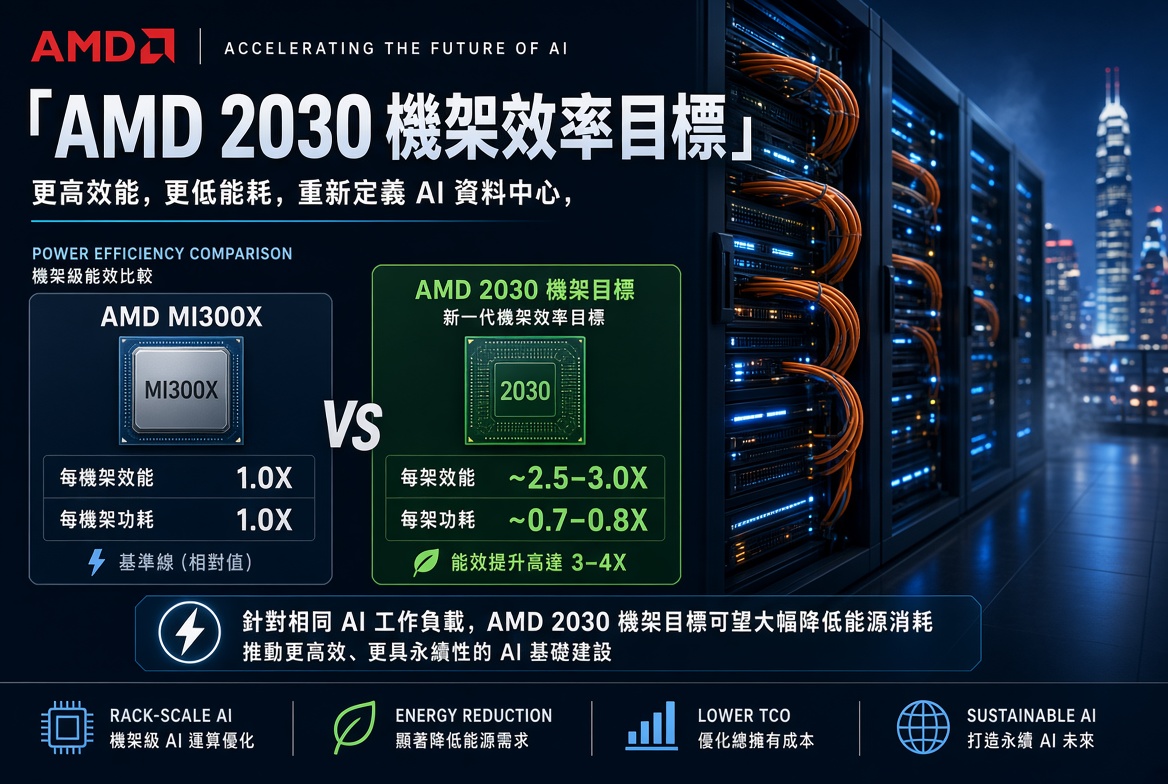 AMD 2030 機架級 AI 效率目標：兩台機架相當於 570 台 MI300X