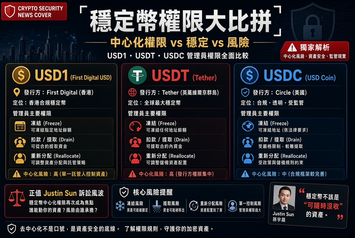 穩定幣權限大比拼：USDC 能凍、USDT 能銷、USD1 能轉走