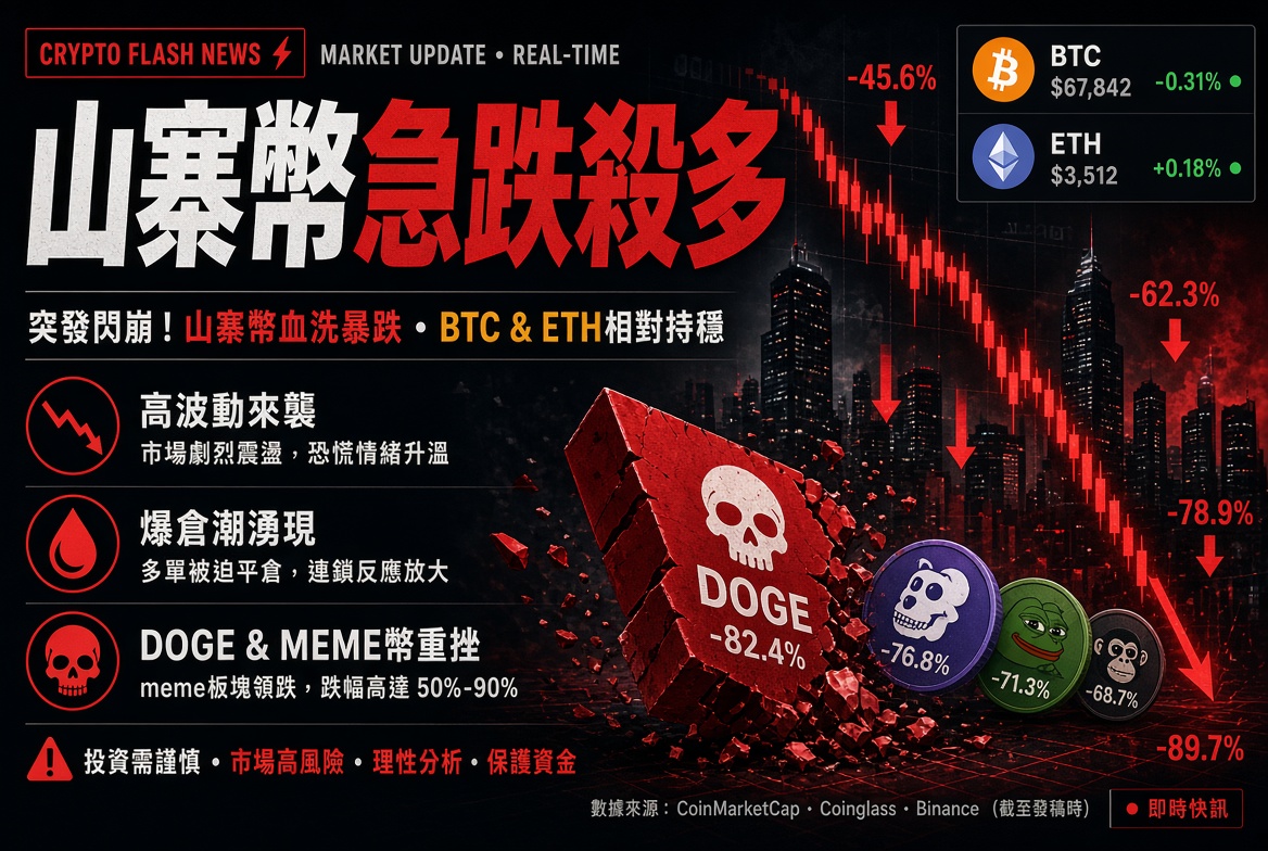 山寨幣急跌殺多：幾分鐘波動遠超 BTC ETH