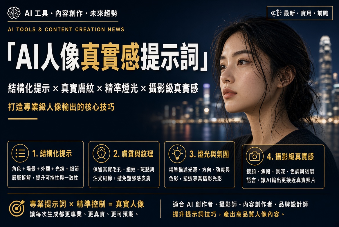 AI 人像真實感提示詞：五層結構讓生成圖更像真人