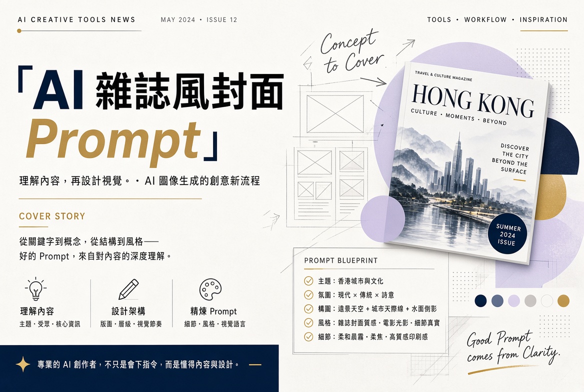 AI 雜誌混合風封面 Prompt：讓模型先讀懂文章再設計視覺