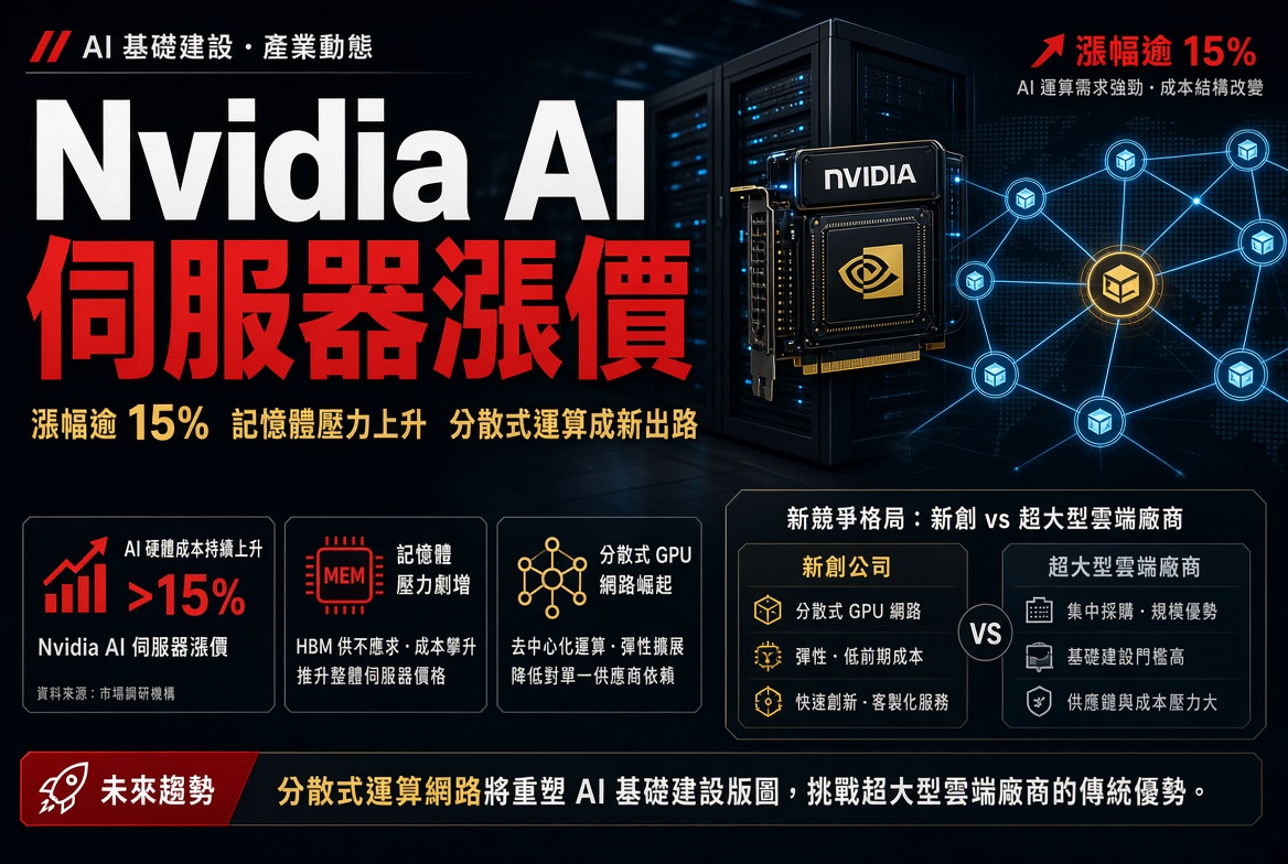 Nvidia 警告 AI 伺服器價格上漲逾 15% 分散式 GPU 成替代方案