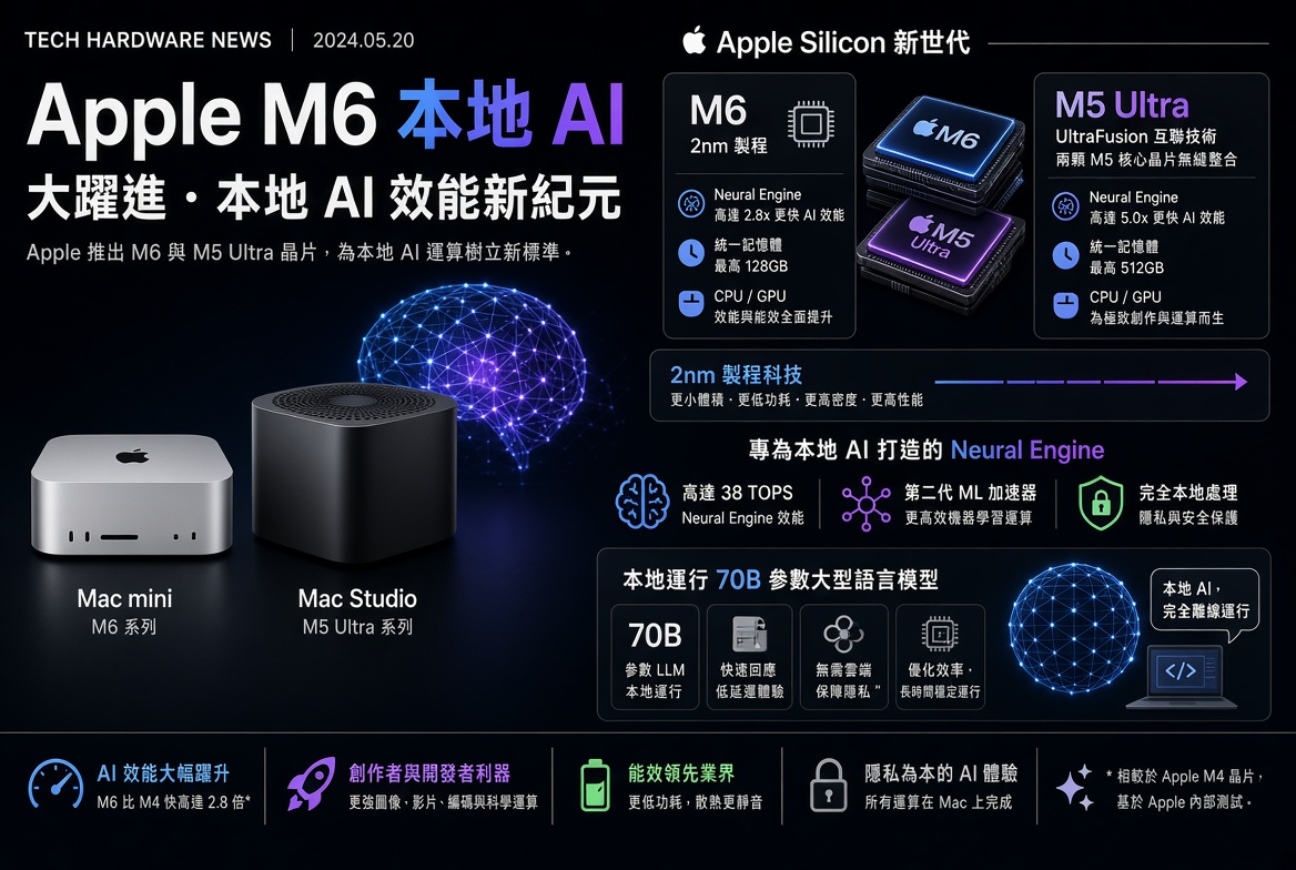 Apple 推出 M6 與 M5 Ultra 晶片 本地 AI 運算迎來大幅躍升