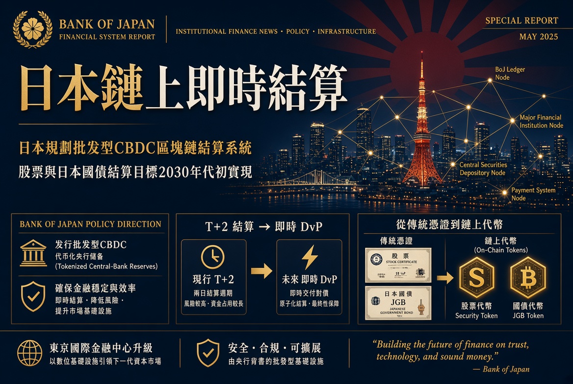 日本規劃批發型 CBDC：股票與國債擬邁向 24 小時即時鏈上結算