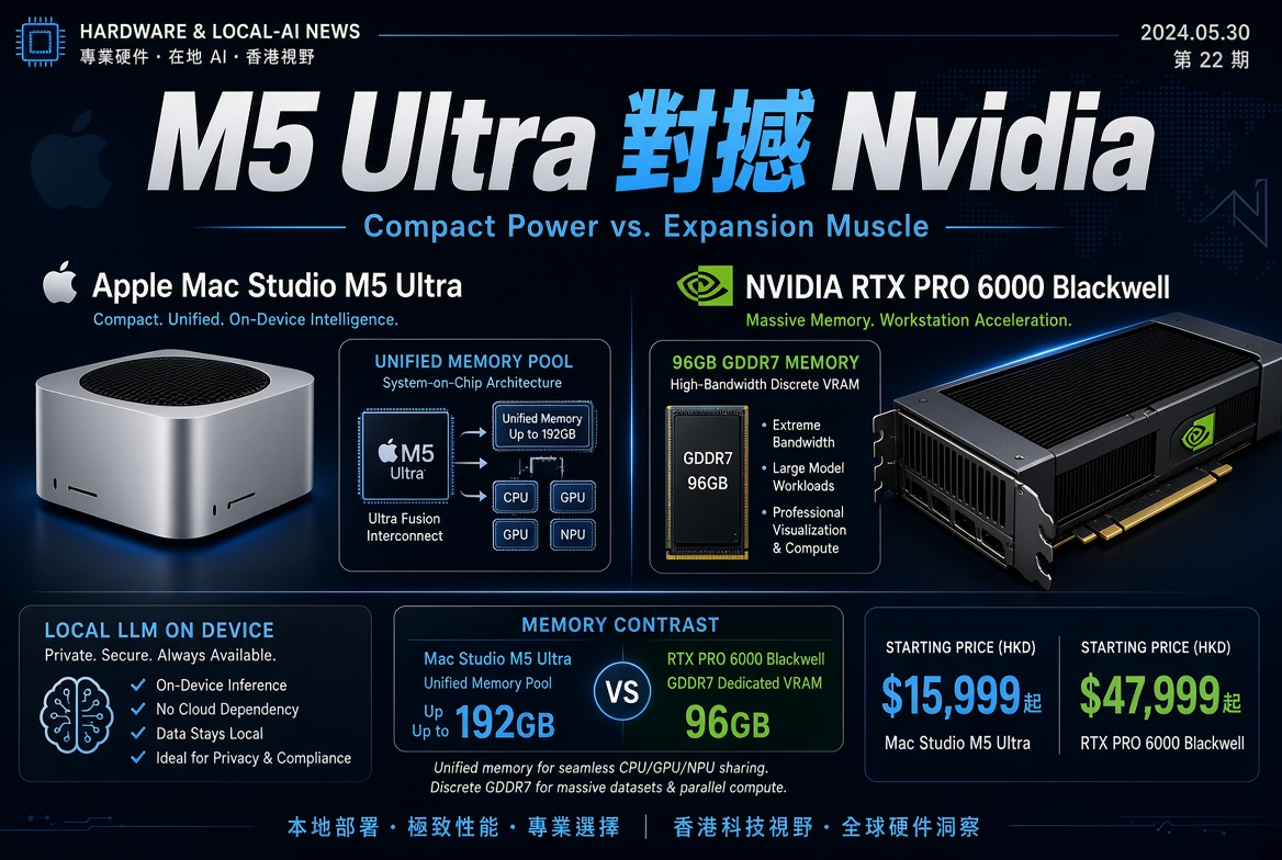 Mac Studio M5 Ultra 對撼 RTX PRO 6000：本地 AI 的「完整電腦」與「單卡」之爭