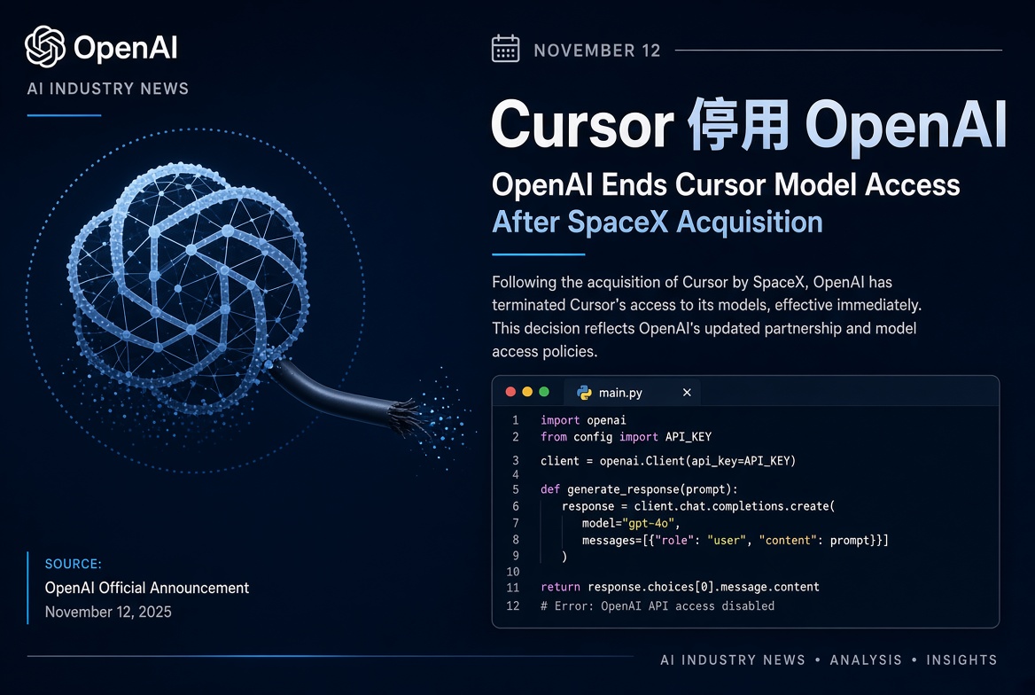 OpenAI 切斷 Cursor：SpaceX 收購觸發控制權變更，直接模型通道擬 11 月 12 日關閉