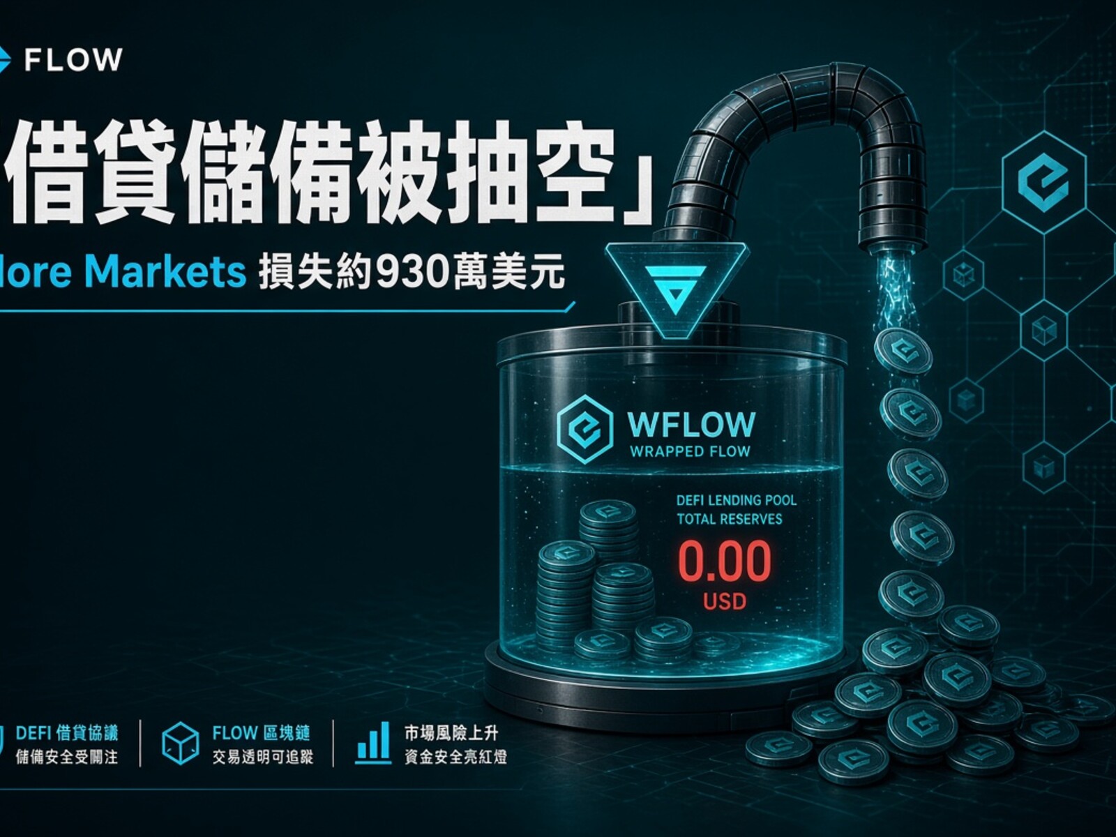 又多一單 DeFi 爆鑊。Web3 保安公司 Blockaid 今日指出，部署喺 Flow EVM 上嘅借貸協議 More Markets，借貸儲備被抽走約 1,550 萬枚 WFLOW，估值約 930 萬美元。