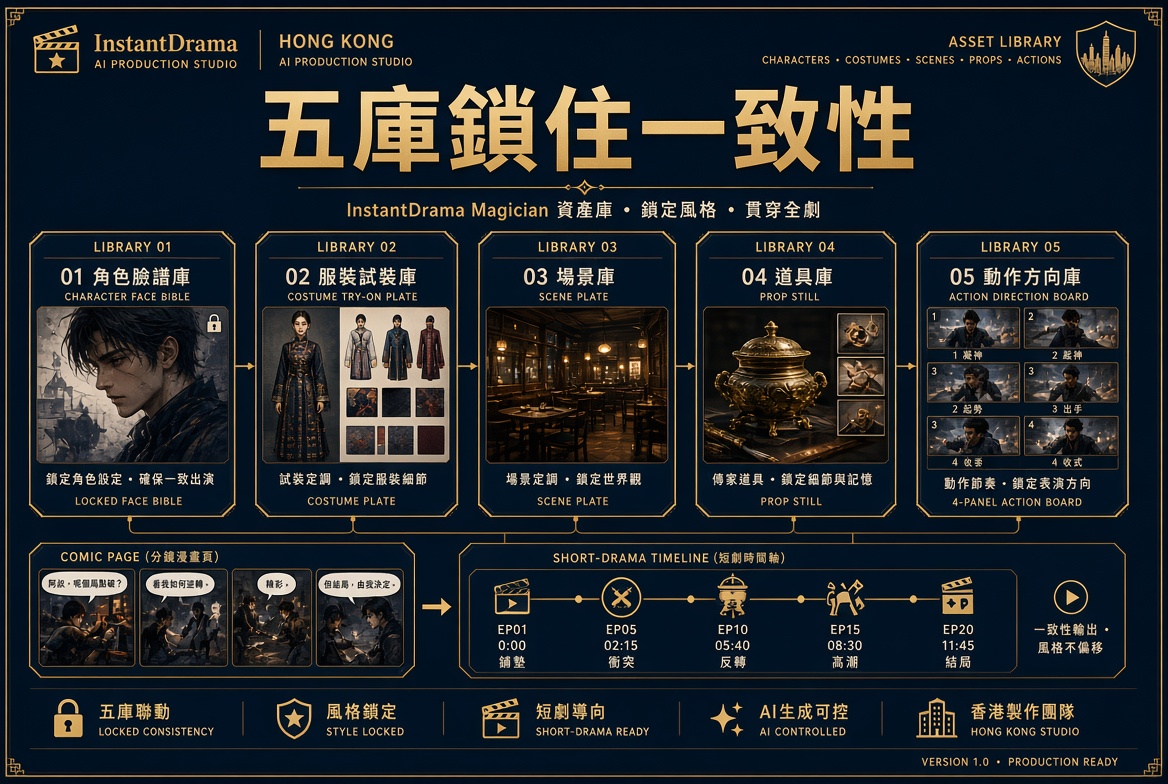 InstantDrama 資產庫：人物、服裝、場景、道具、動作一次鎖死一致性