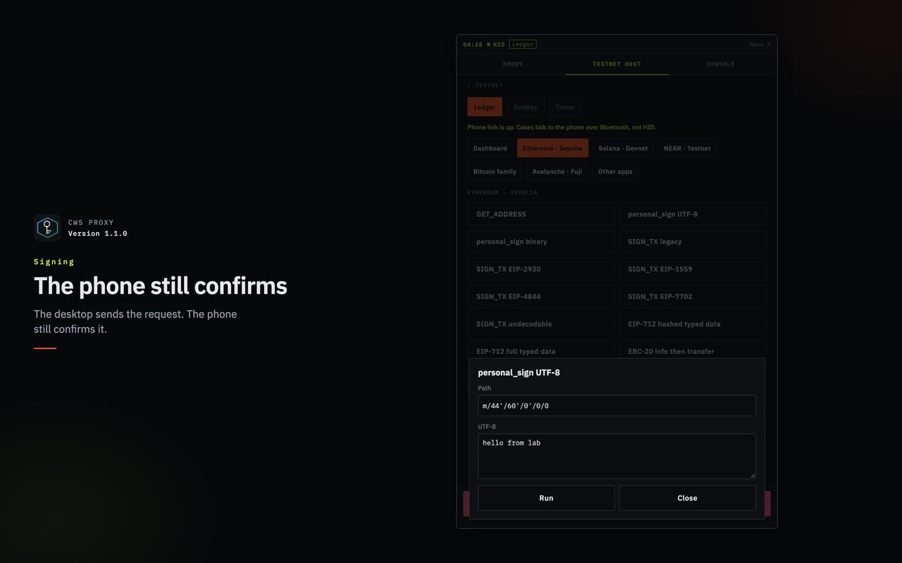 CWS Proxy testnet host: personal_sign sheet open, not submitted