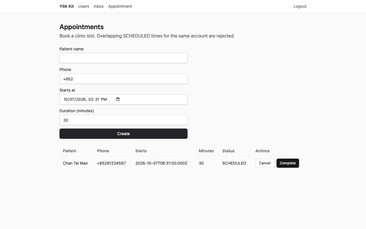 YSK Kit clinic-booking example: a created appointments list