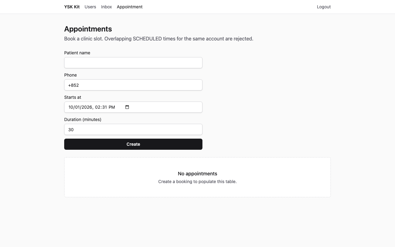 YSK Kit clinic example empty appointments list