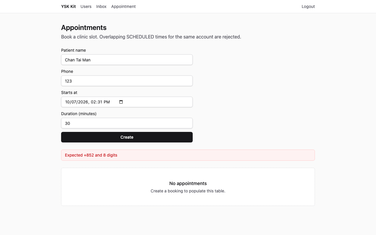 YSK Kit clinic example validation error