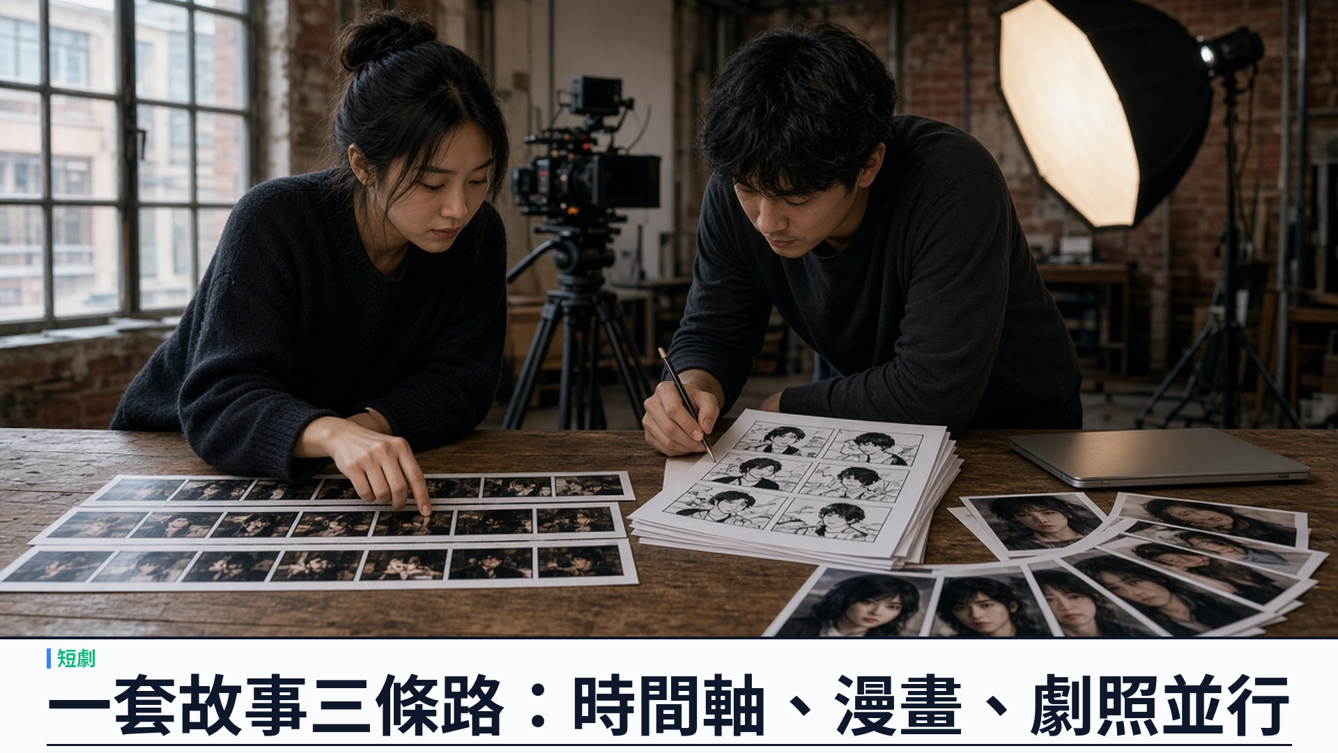 一套故事三條路：瞬劇魔法師時間軸、漫畫、劇照三張工作檯並行，短片、漫畫頁與宣傳圖一次到位
